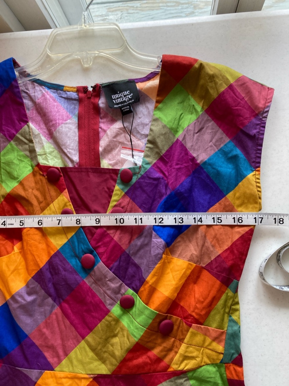 Unique Vintage Retro 50s Rainbow Plaid Fit-and-Flare Dress - Picture 9 of 12